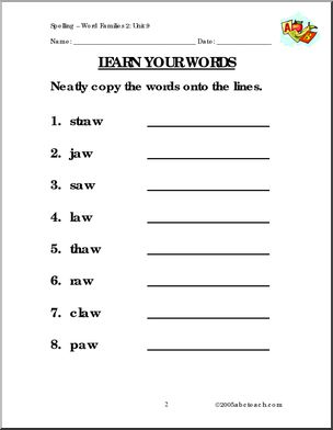 Word Families 2 — Unit 9 “-aw” Spelling – Abcteach