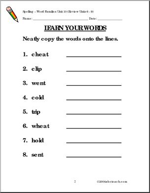 Word Families 1– unit 10 (review units 6 – 9) Spelling – Abcteach