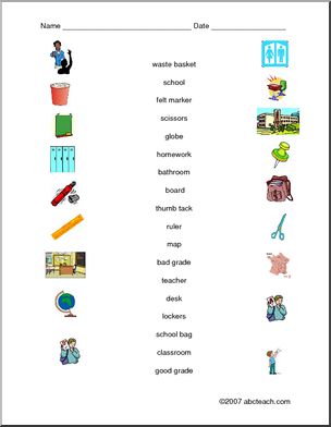 Worksheet: School Supply Vocabulary Matching (ESL)
