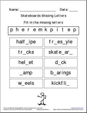 Missing Letter: Skateboarding Words (elem)