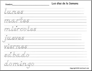 Spanish: Handwriting Practice- Los dÃŒas de la semana – manuscript (DN-Style Font)