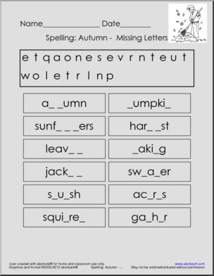 Missing Letters: Autumn Vocabulary