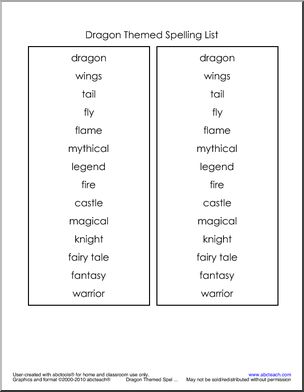 Spelling List: Dragon Theme Words (easy) (k-1)