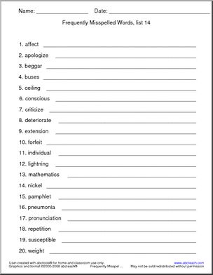 Frequently Misspelled Words (list 14) Spelling Set