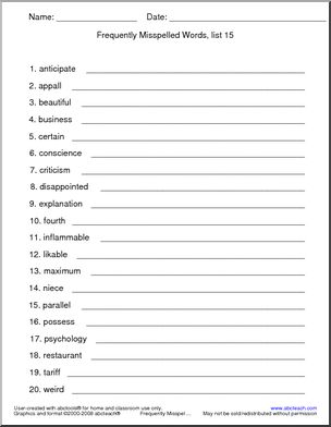 Frequently Misspelled Words (list 15) Spelling Set