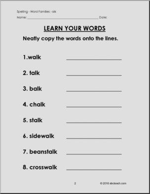 Word Families – “alk” words Spelling
