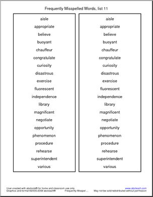 Frequently Misspelled Words (list 1) Spelling Set – Abcteach