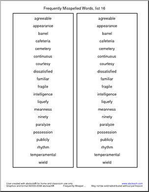 Frequently Misspelled Words (list 16) Spelling List – Abcteach