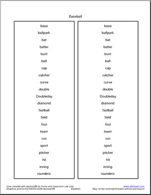 Baseball Vocabulary Spelling List