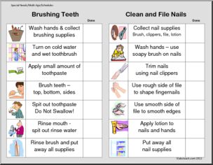Picture and word schedules or routines for brushing teeth and nail care