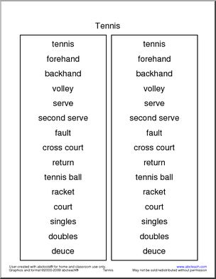 Tennis Terminology Spelling List