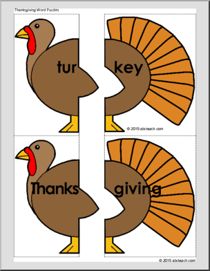 Thanksgiving Turkey Word Puzzles (color)