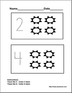 Dotted Numerals 2, 4 (pre-k) Worksheet