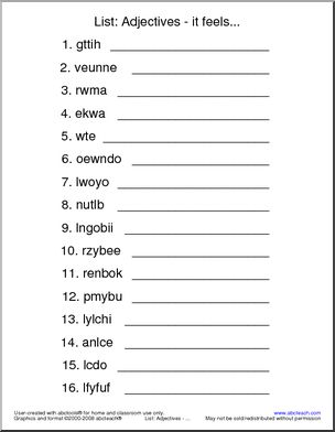 Unscramble the Words: Adjectives – it feels – Abcteach