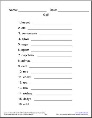 Golf Vocabulary Unscramble the Words