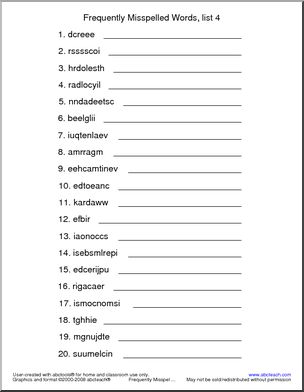 Frequently Misspelled Words (list 4) Unscramble the Words