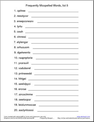 Frequently Misspelled Words (list 5) Unscramble the Words