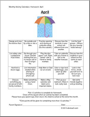 Monthly Activity Calendars: Homework: April (upper elementary/special needs)