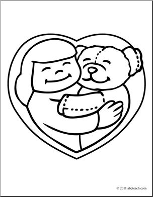 Clip Art: Valentine Teddy Bear Hug (coloring page)