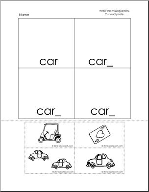 car Words Cut and Paste Worksheet (k-1) Words from Words