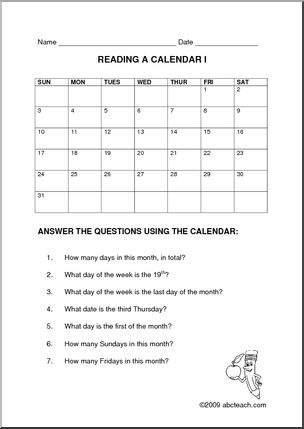 Calendar: Practice Reading a Calendar 1 (elem)