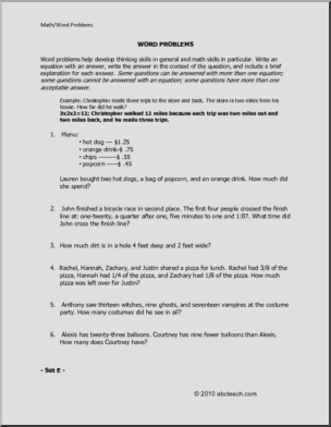 Set E (elem/upper elem) Word Problems – Abcteach