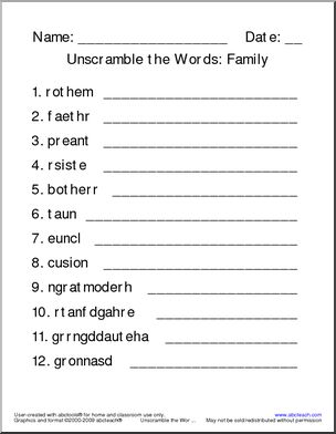 Unscramble the Words: Family Words
