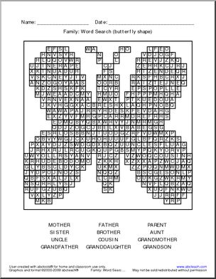Word Search: Family Words (butterfly shape)