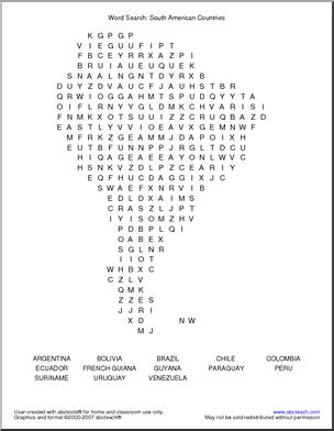 word search south american countries abcteach