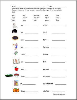 French: Worksheet AdjectifsÃ³ordre et accord – Abcteach