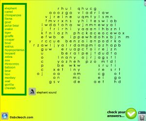 Interactive: Flipchart: Word Search: Zoo Animals (elephant-shaped puzzle)