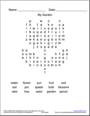 Word Search: Garden Words on Tulip (easy) (k-1/elem)