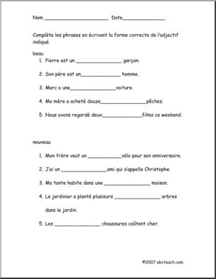 French: Worksheet Adjectifs beau, nouveau, vieux, fou – Abcteach