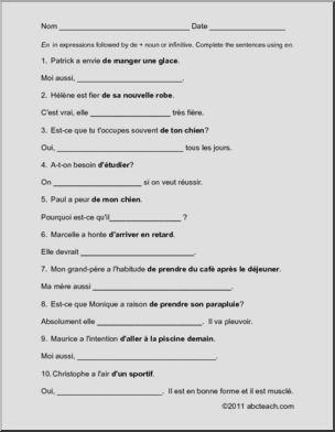 French: Worksheet Pronoun “en” –expressions  with “de”