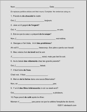 French: Worksheet Pronoun “en” –partitive