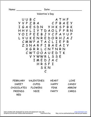 Word Search: Valentine’s  Day -Heart Shape (easy)