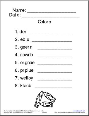 Word Scramble: Color Theme Words (easy) (k-1)