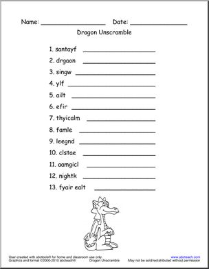 Word Unscramble: Dragon Theme Words (easy) (k-1)