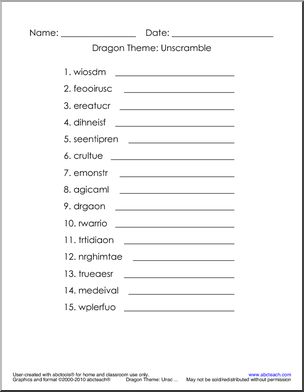 Word Unscramble: Dragon Theme Words (hard) (primary/elem)