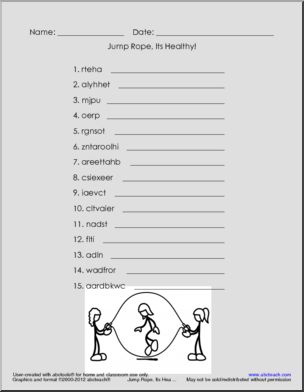 Unscramble the Words: Healthy Heart: Jump Rope (elem/upper)