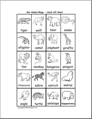 Bingo Cards: Zoo (check sheet) (b/w)